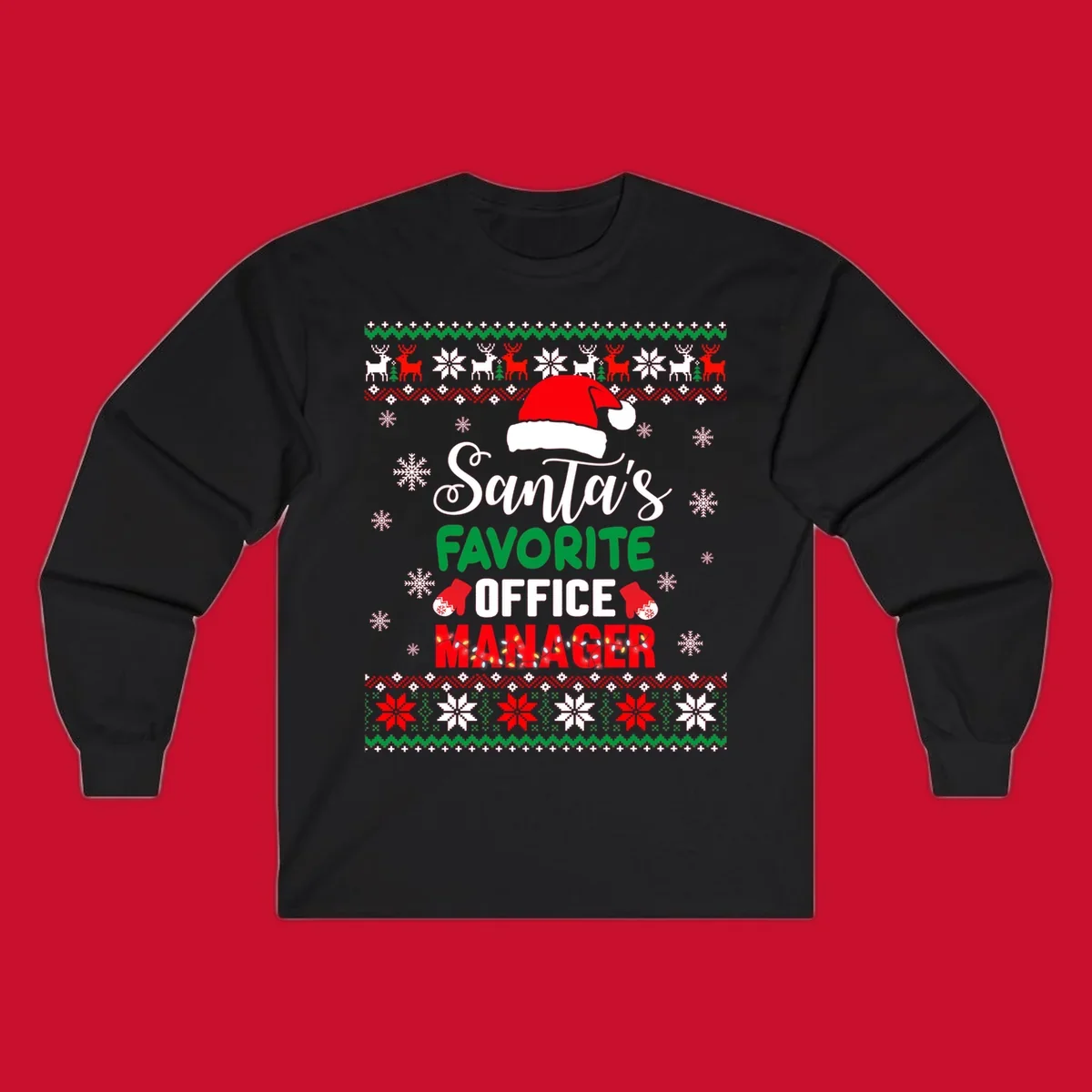 Santa's Favorite Office Manager text with Santa hat and Christmas elements.