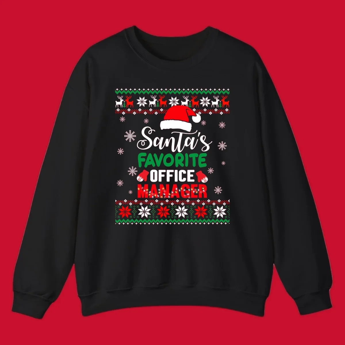 Santa's Favorite Office Manager text with Santa hat and Christmas elements.