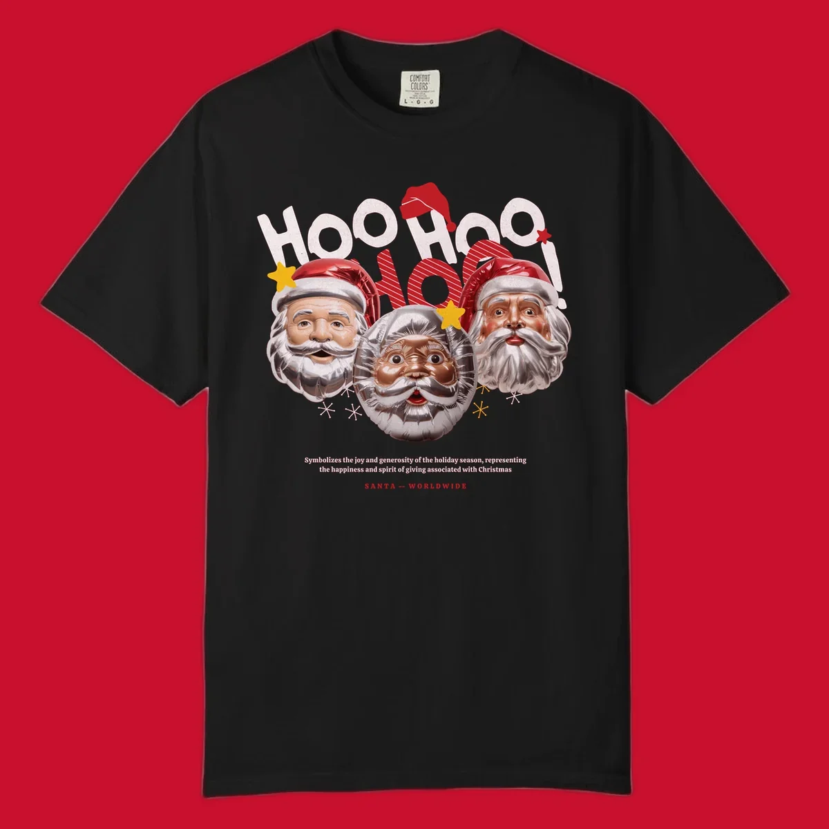 Three metallic Santa Claus faces with red hats and gold stars, text: HOO HOO HOO!, SANTA -- WORLDWIDE.