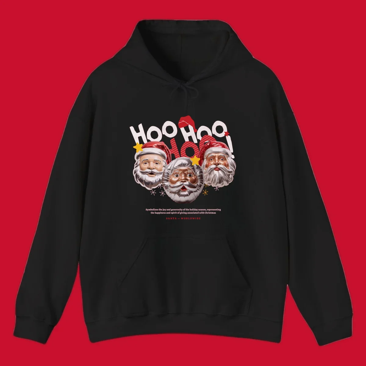 Three metallic Santa Claus faces with red hats and gold stars, text: HOO HOO HOO!, SANTA -- WORLDWIDE.