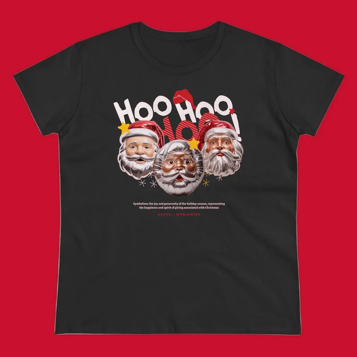Three metallic Santa Claus faces with red hats and gold stars, text: HOO HOO HOO!, SANTA -- WORLDWIDE.