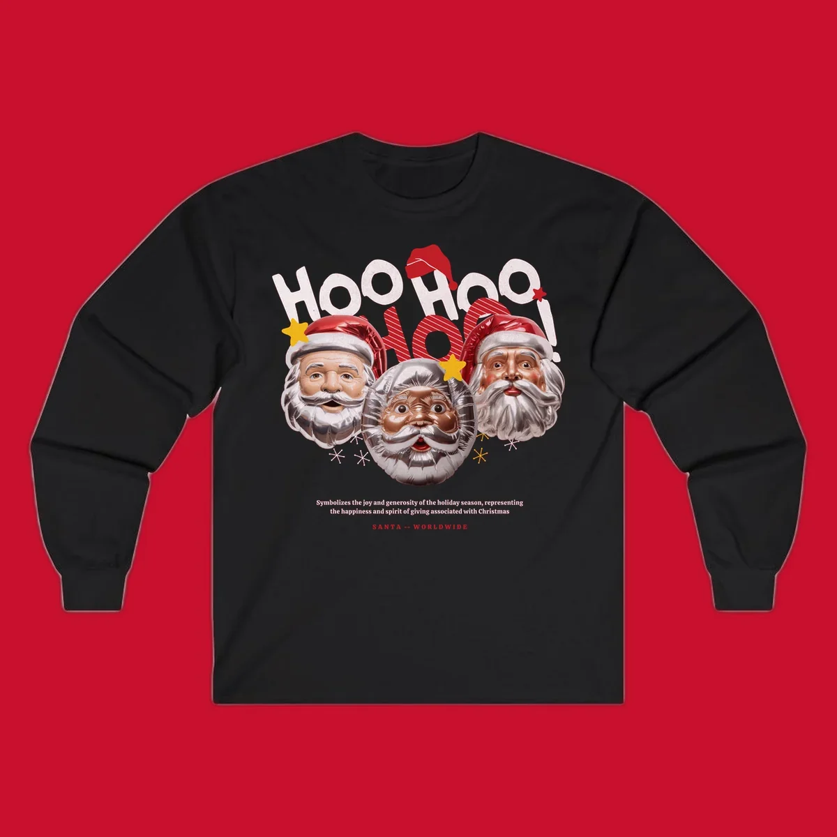 Three metallic Santa Claus faces with red hats and gold stars, text: HOO HOO HOO!, SANTA -- WORLDWIDE.