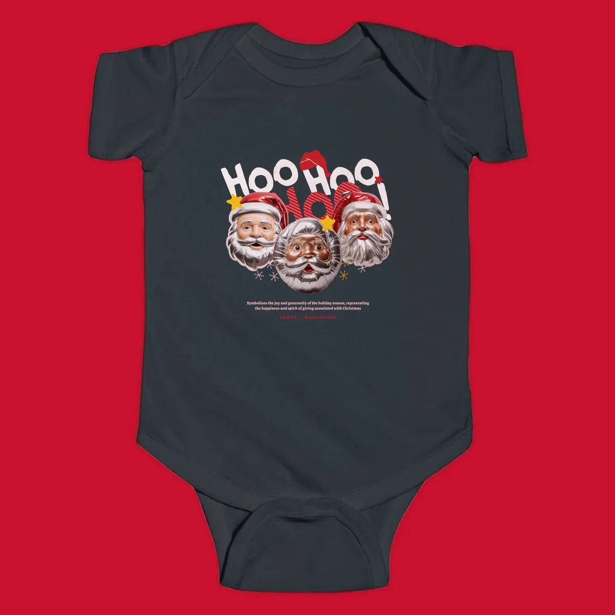 Three metallic Santa Claus faces with red hats and gold stars, text: HOO HOO HOO!, SANTA -- WORLDWIDE.