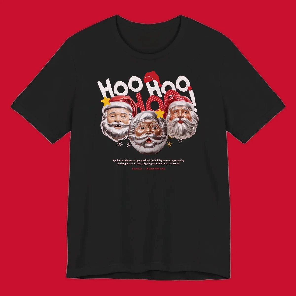 Three metallic Santa Claus faces with red hats and gold stars, text: HOO HOO HOO!, SANTA -- WORLDWIDE.