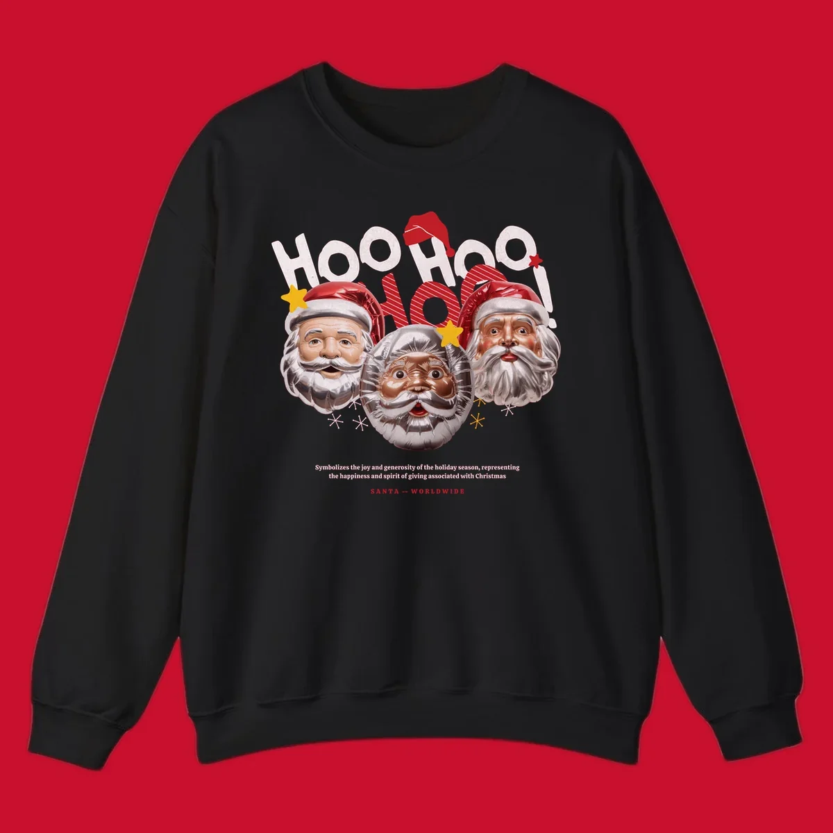 Three metallic Santa Claus faces with red hats and gold stars, text: HOO HOO HOO!, SANTA -- WORLDWIDE.