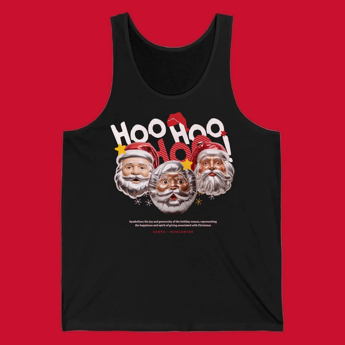 Three metallic Santa Claus faces with red hats and gold stars, text: HOO HOO HOO!, SANTA -- WORLDWIDE.