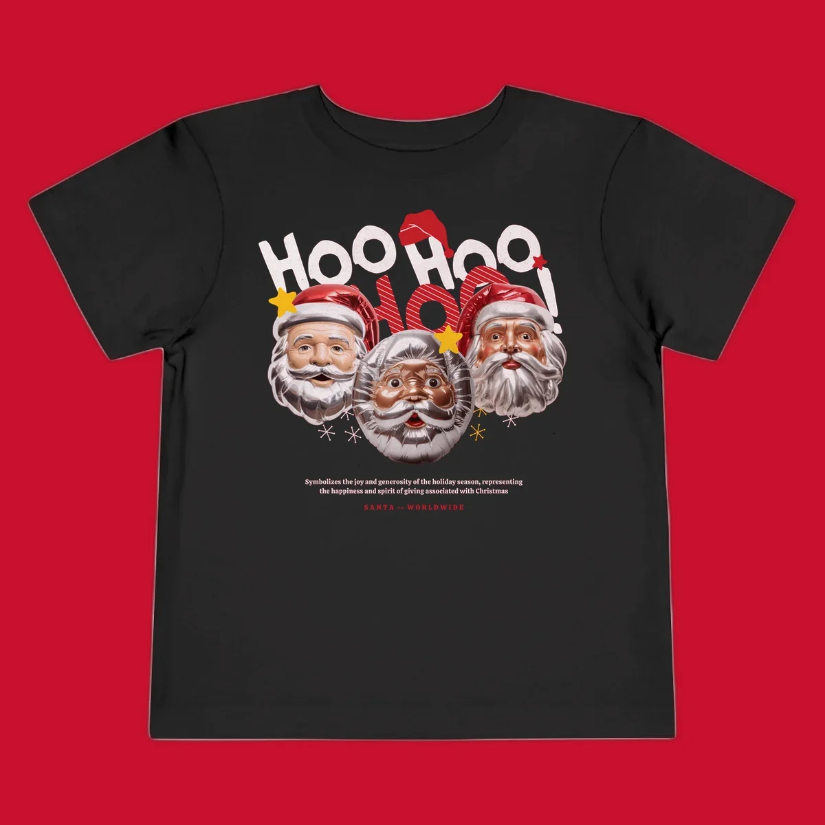Three metallic Santa Claus faces with red hats and gold stars, text: HOO HOO HOO!, SANTA -- WORLDWIDE.