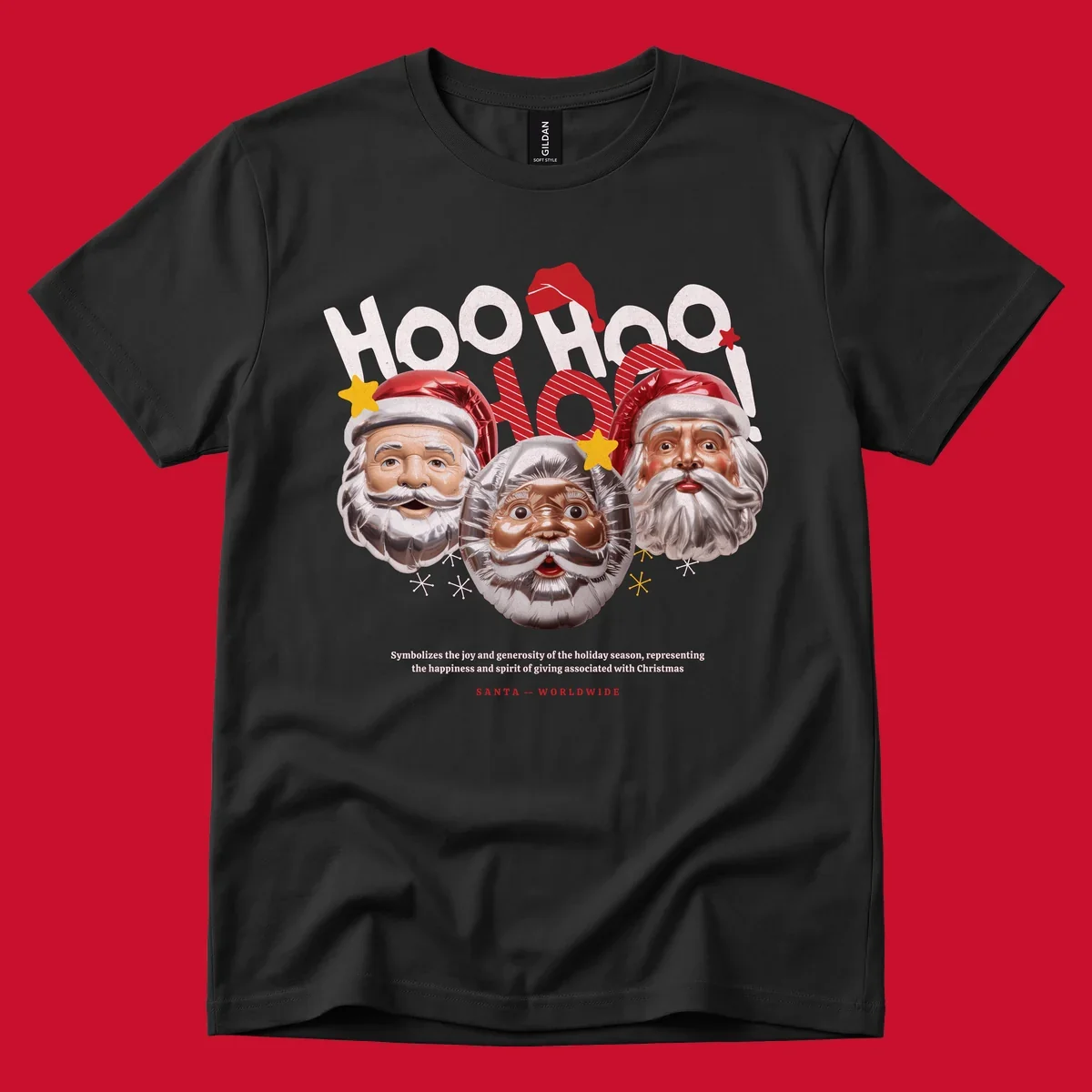 Three metallic Santa Claus faces with red hats and gold stars, text: HOO HOO HOO!, SANTA -- WORLDWIDE.