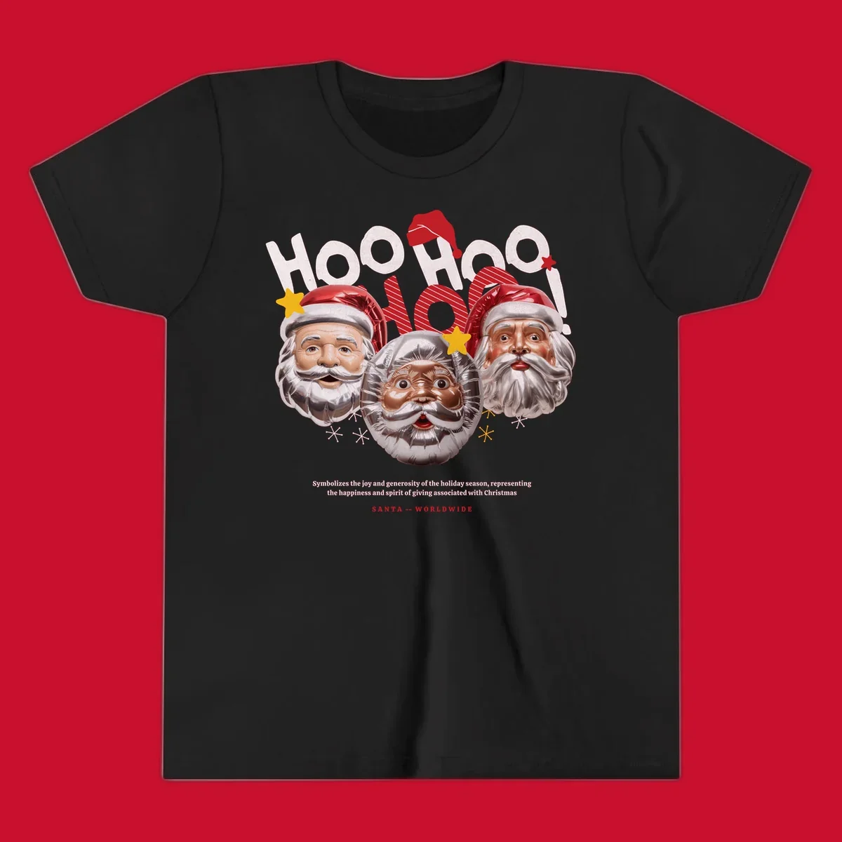 Three metallic Santa Claus faces with red hats and gold stars, text: HOO HOO HOO!, SANTA -- WORLDWIDE.