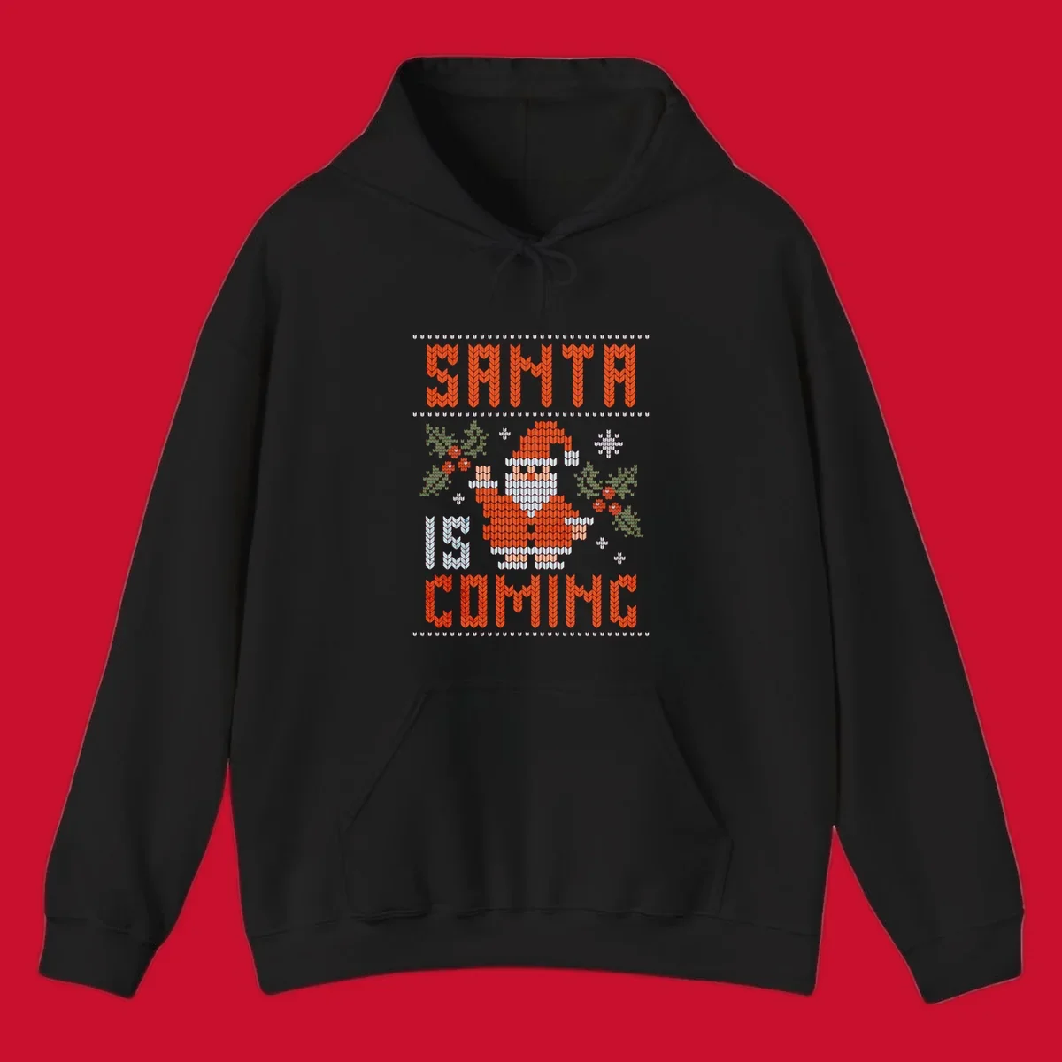 Santa is coming ugly Christmas sweater with pixelated Santa, holly, and snowflakes.