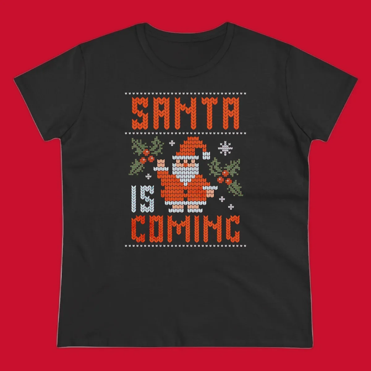 Santa is coming ugly Christmas sweater with pixelated Santa, holly, and snowflakes.