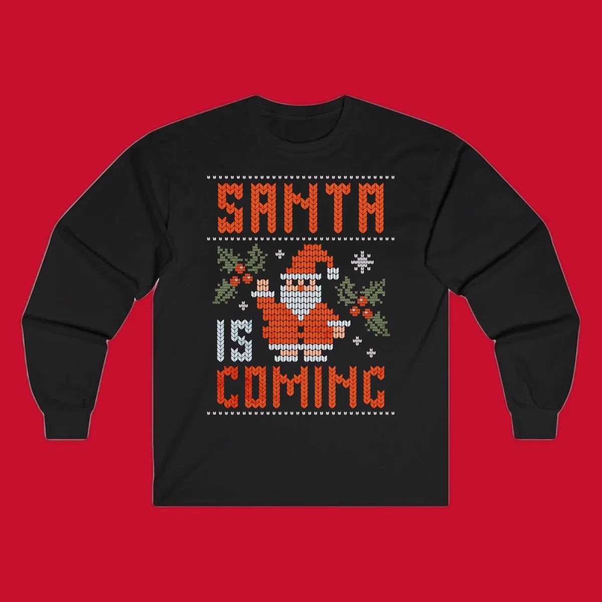 Santa is coming ugly Christmas sweater with pixelated Santa, holly, and snowflakes.