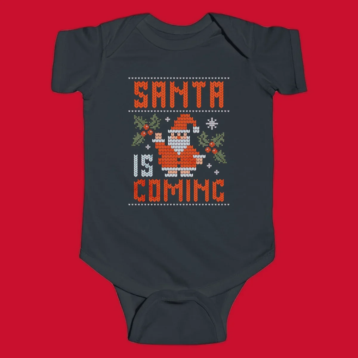 Santa is coming ugly Christmas sweater with pixelated Santa, holly, and snowflakes.