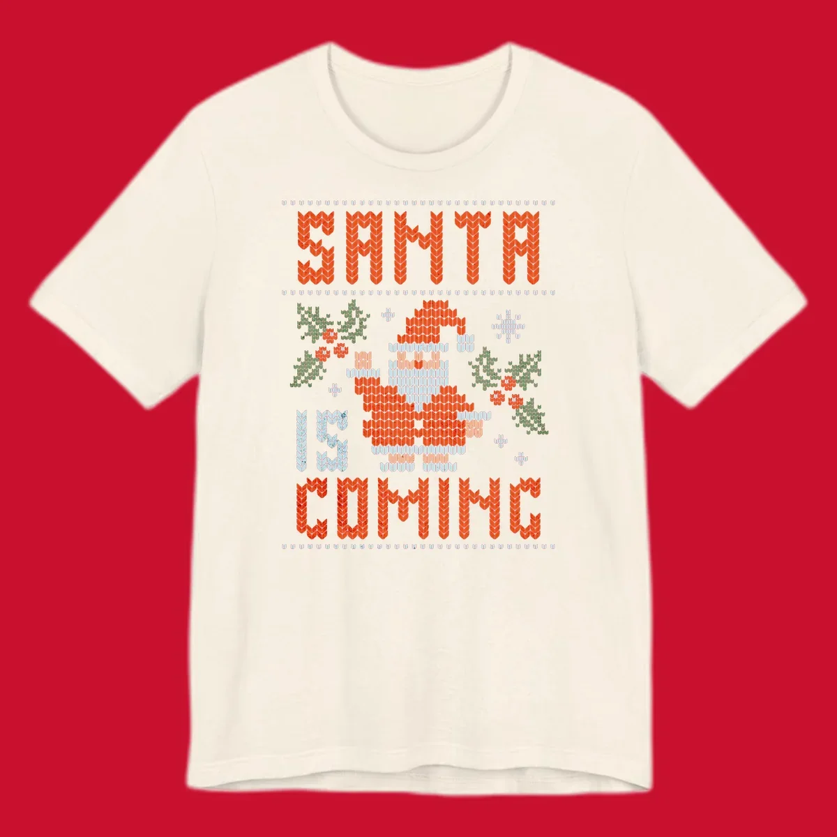 Santa is coming ugly Christmas sweater with pixelated Santa, holly, and snowflakes.