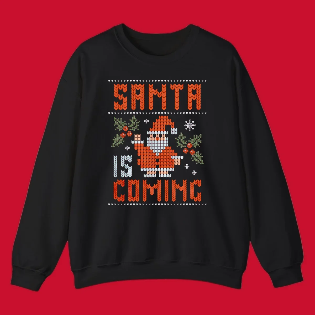 Santa is coming ugly Christmas sweater with pixelated Santa, holly, and snowflakes.