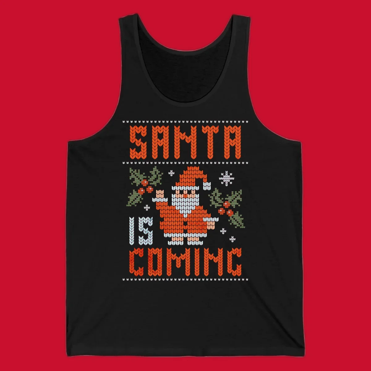 Santa is coming ugly Christmas sweater with pixelated Santa, holly, and snowflakes.