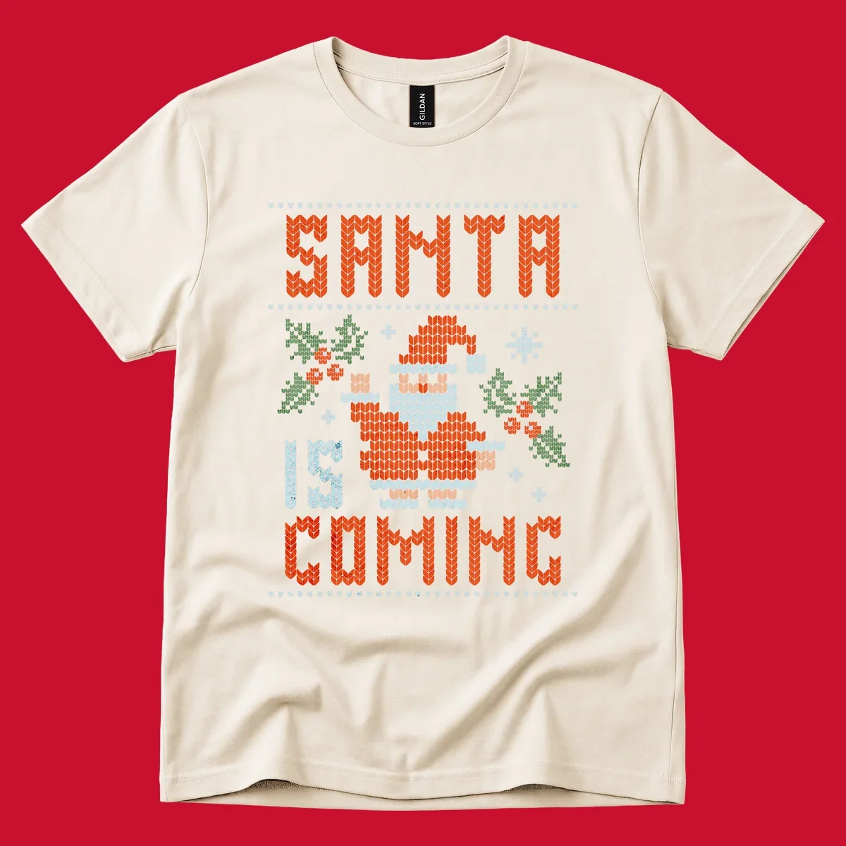 Santa is coming ugly Christmas sweater with pixelated Santa, holly, and snowflakes.