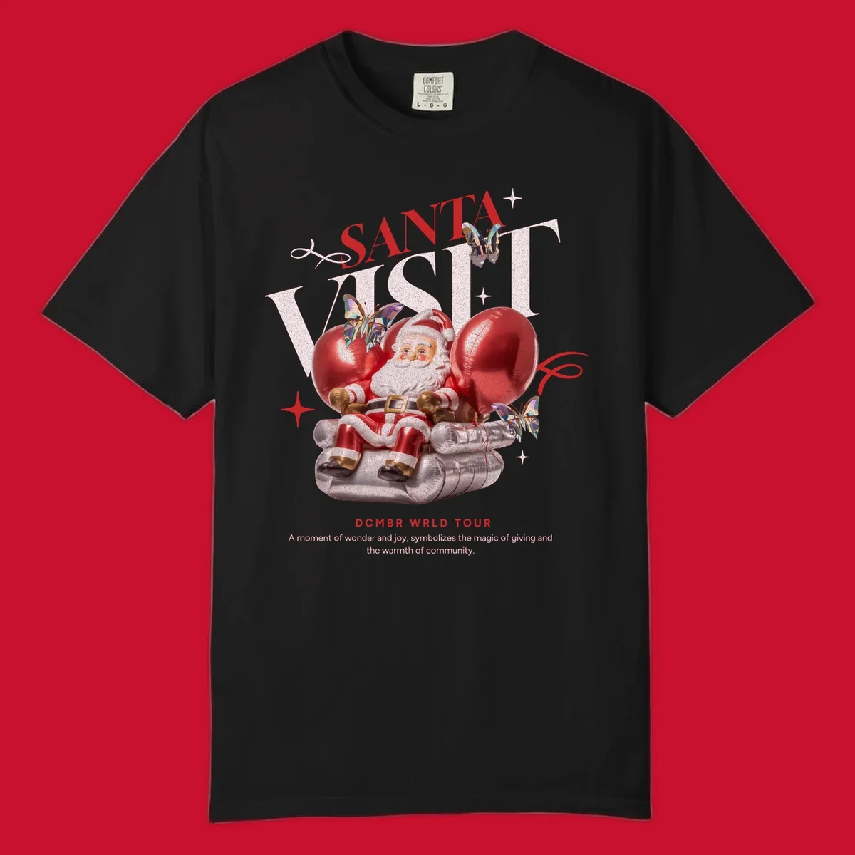 Santa Claus on balloons with butterflies, text 'Santa Visit' and 'DCMBR WRLD TOUR' for Santa world tour.