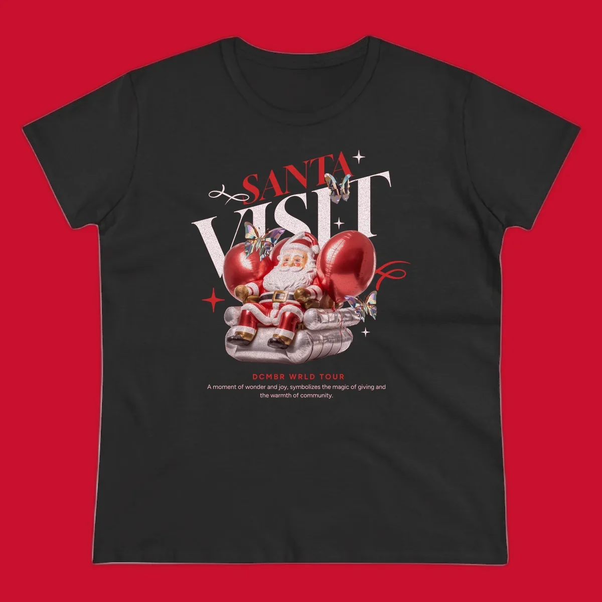 Santa Claus on balloons with butterflies, text 'Santa Visit' and 'DCMBR WRLD TOUR' for Santa world tour.