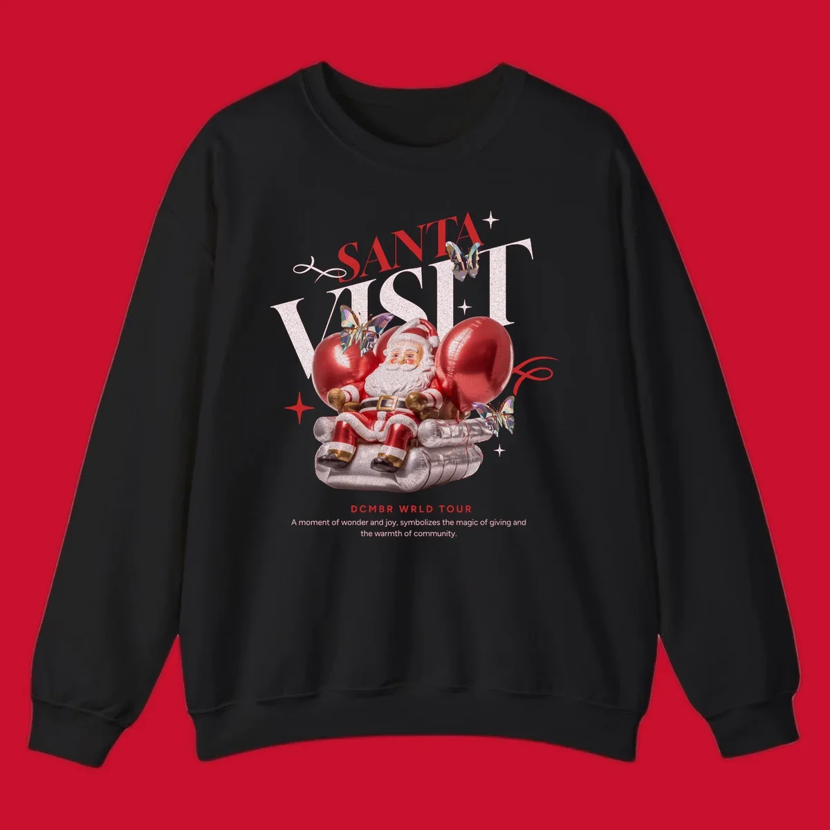 Santa Claus on balloons with butterflies, text 'Santa Visit' and 'DCMBR WRLD TOUR' for Santa world tour.