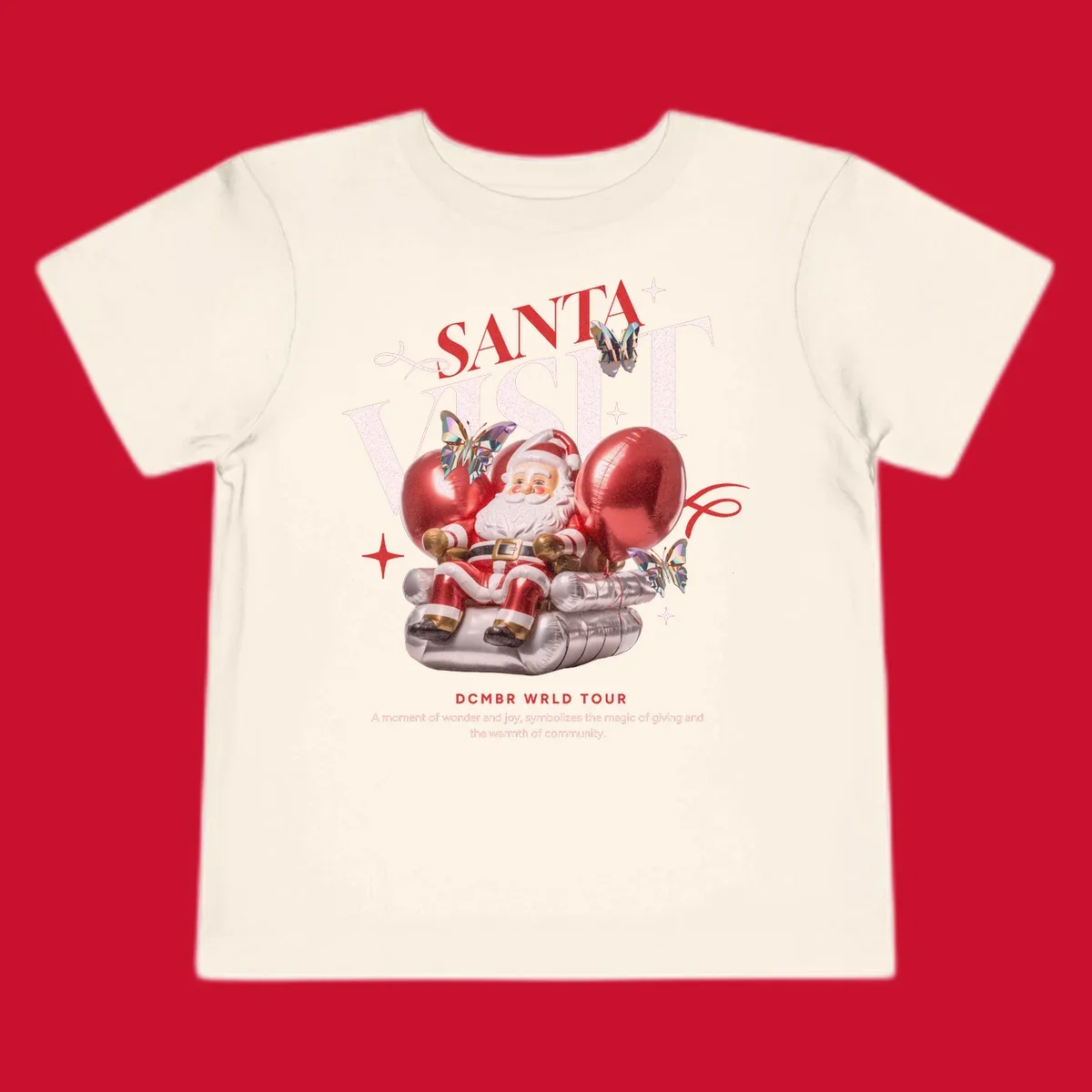 Santa Claus on balloons with butterflies, text 'Santa Visit' and 'DCMBR WRLD TOUR' for Santa world tour.