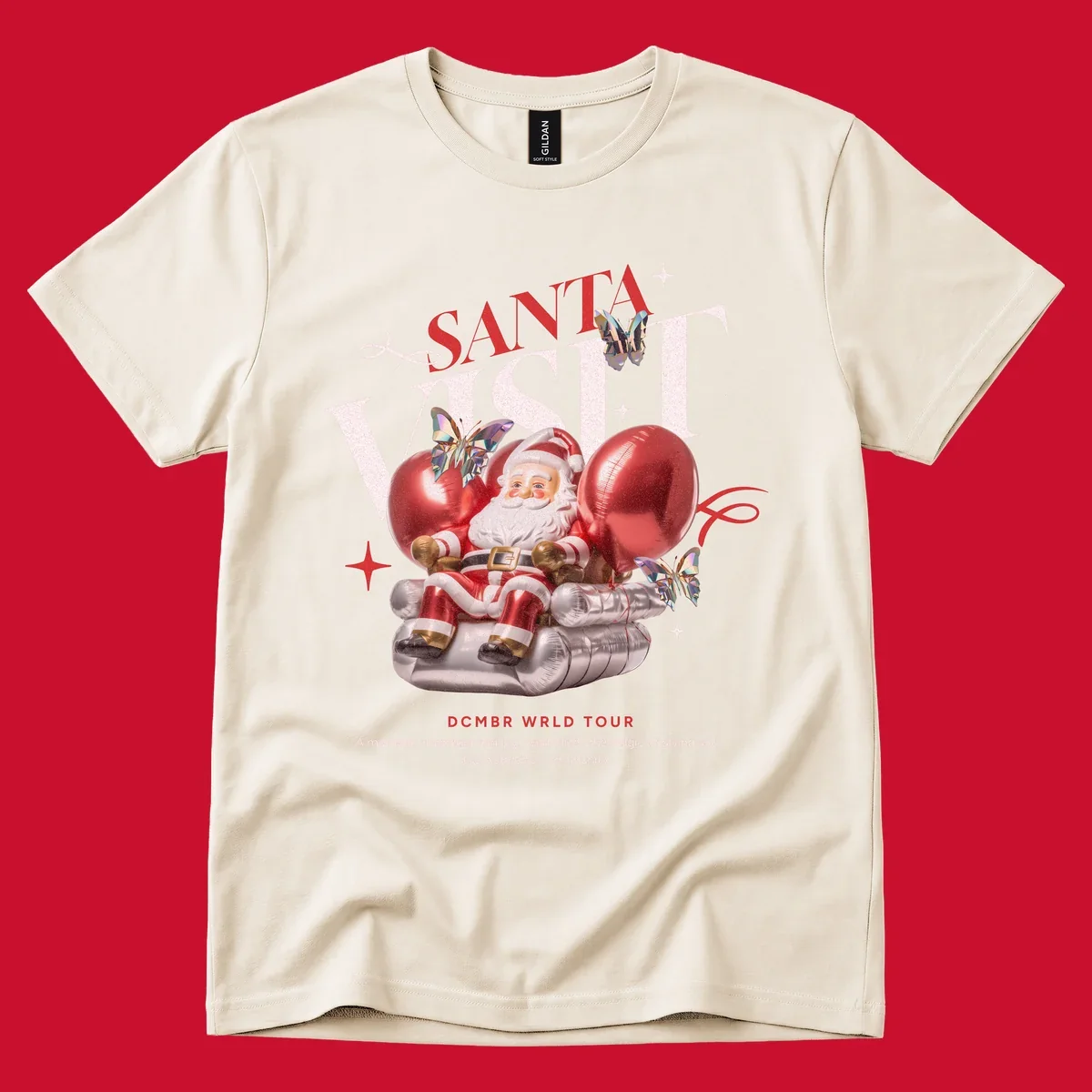 Santa Claus on balloons with butterflies, text 'Santa Visit' and 'DCMBR WRLD TOUR' for Santa world tour.