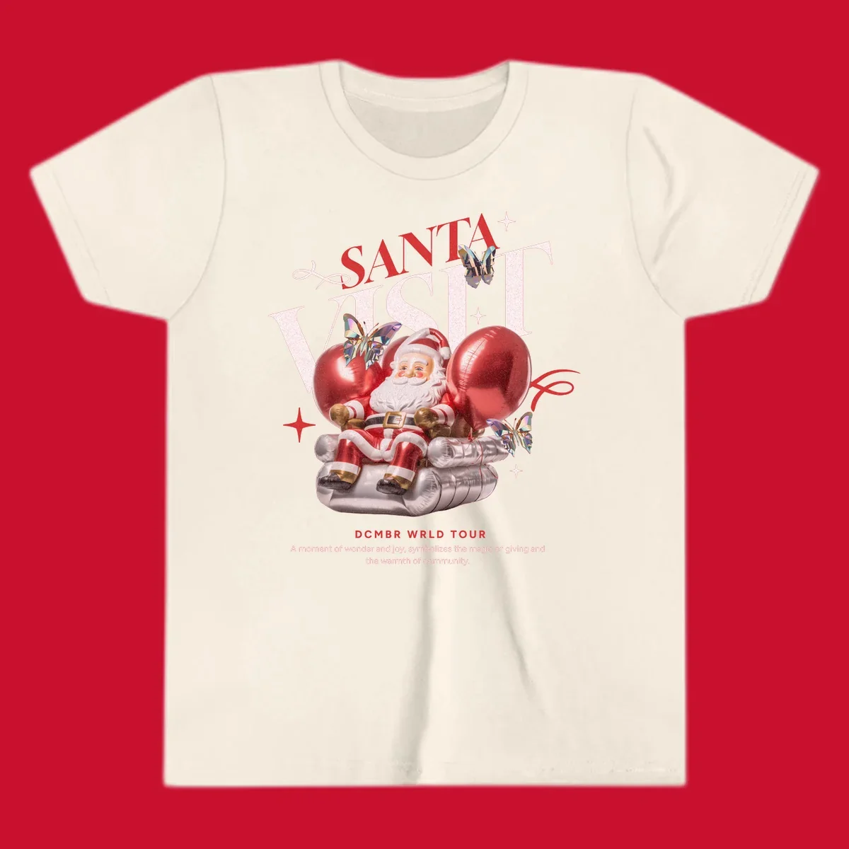 Santa Claus on balloons with butterflies, text 'Santa Visit' and 'DCMBR WRLD TOUR' for Santa world tour.