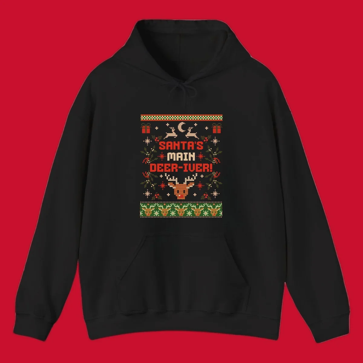 Santa's Main Deer-iver text with reindeer, holly, and presents, in an ugly Christmas sweater style.