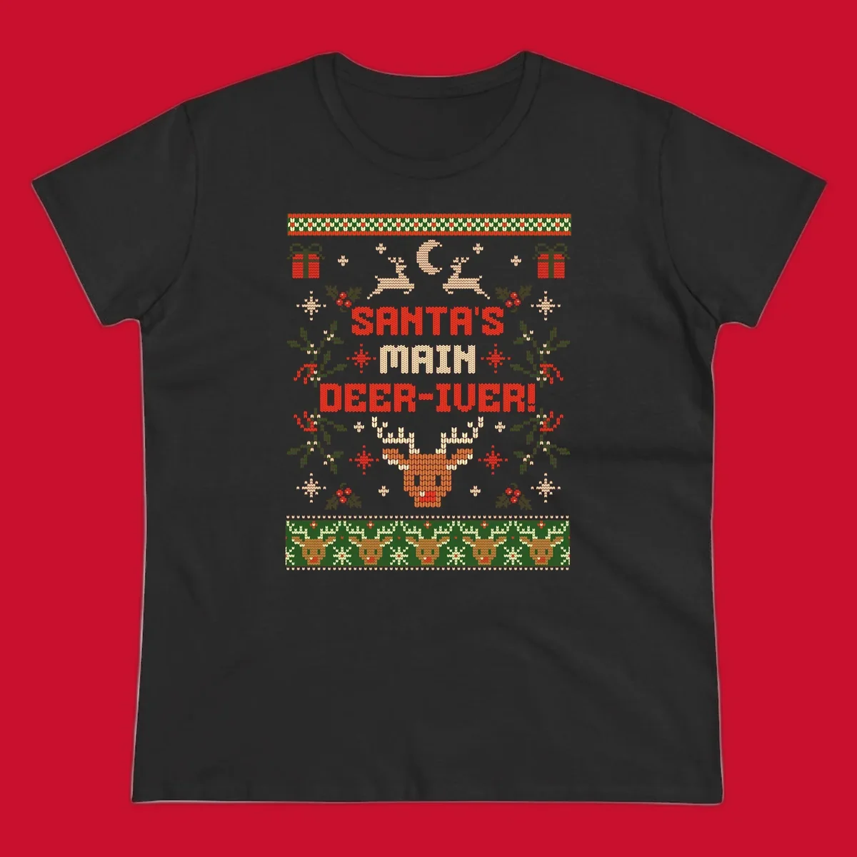 Santa's Main Deer-iver text with reindeer, holly, and presents, in an ugly Christmas sweater style.
