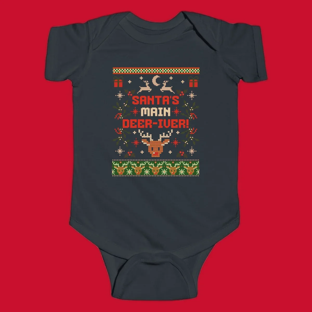 Santa's Main Deer-iver text with reindeer, holly, and presents, in an ugly Christmas sweater style.