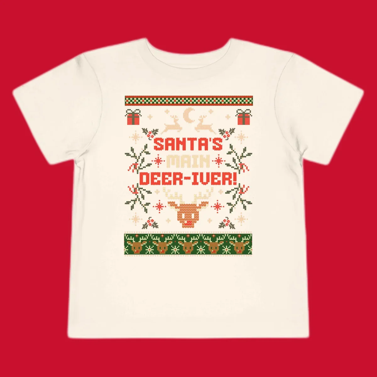 Santa's Main Deer-iver text with reindeer, holly, and presents, in an ugly Christmas sweater style.