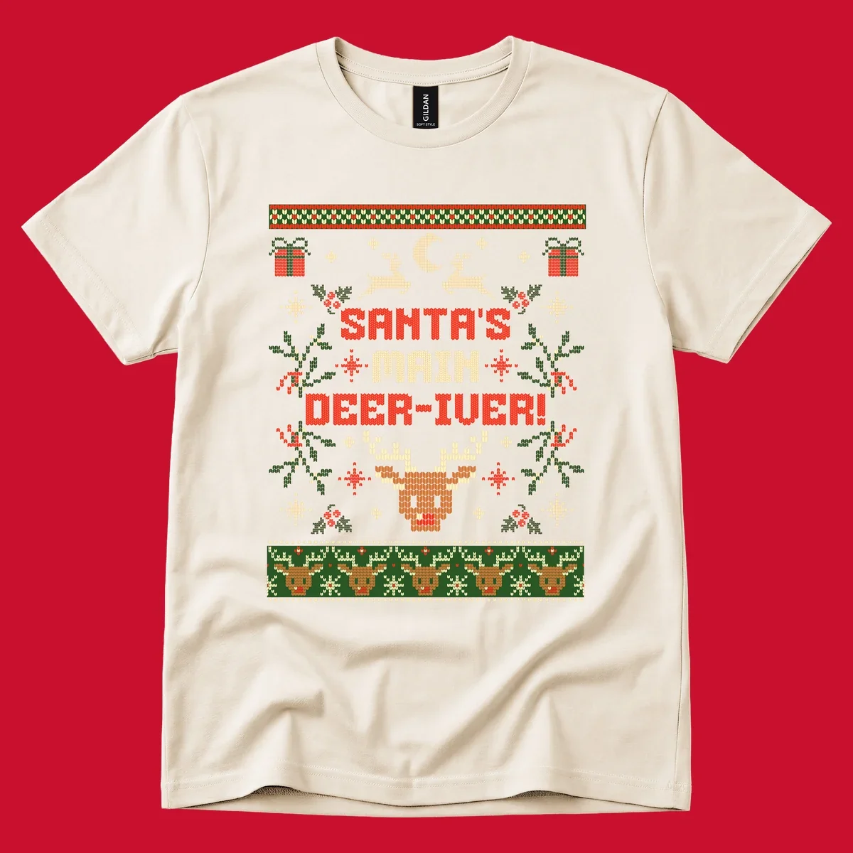 Santa's Main Deer-iver text with reindeer, holly, and presents, in an ugly Christmas sweater style.