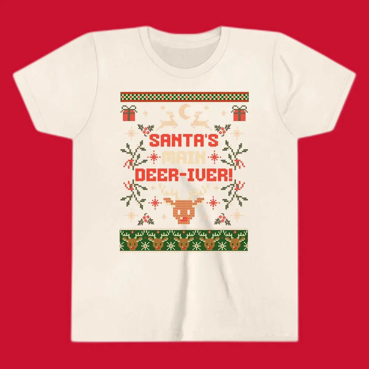 Santa's Main Deer-iver text with reindeer, holly, and presents, in an ugly Christmas sweater style.