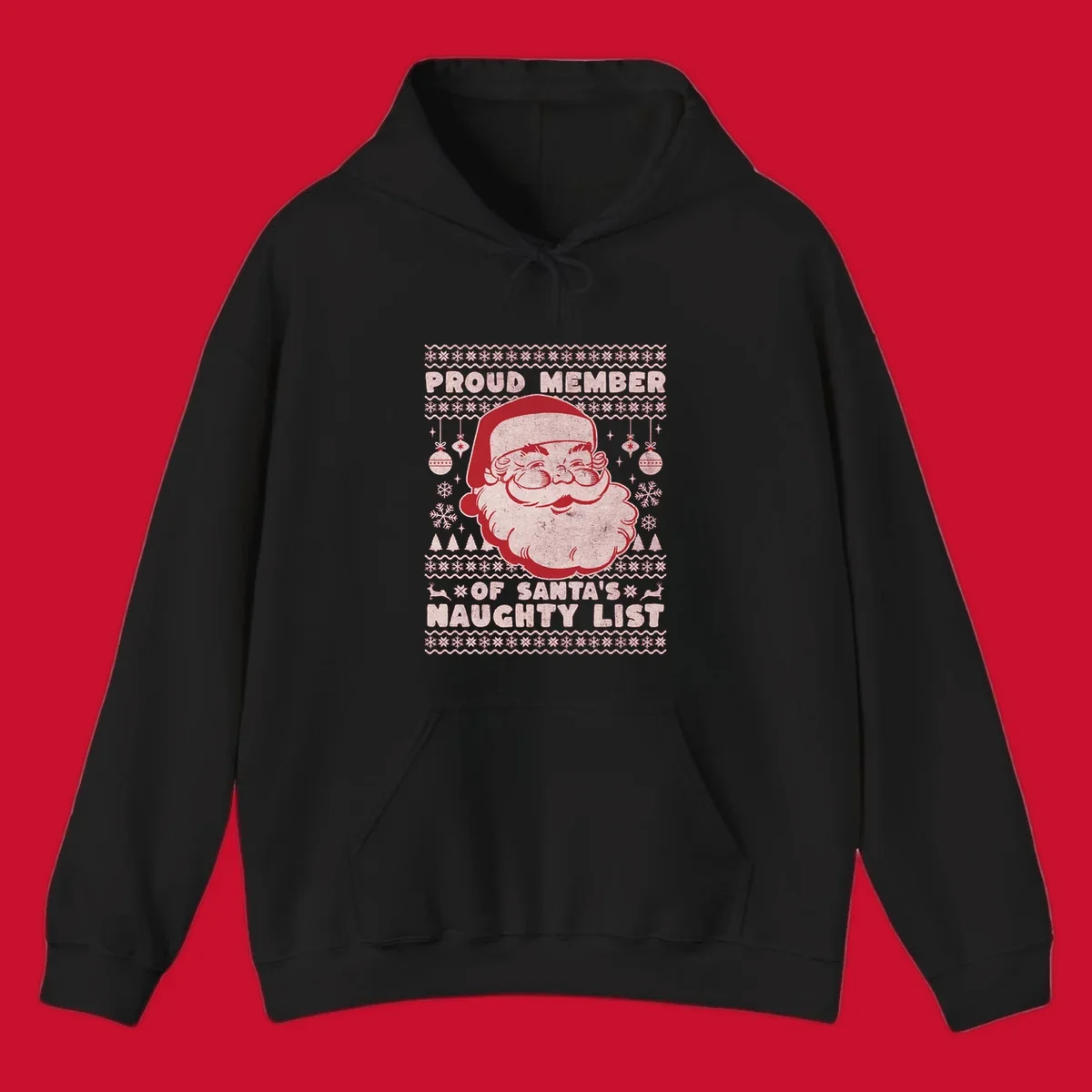 Illustration of Santa's head with text 'Proud Member Of Santa's Naughty List' and Christmas elements.