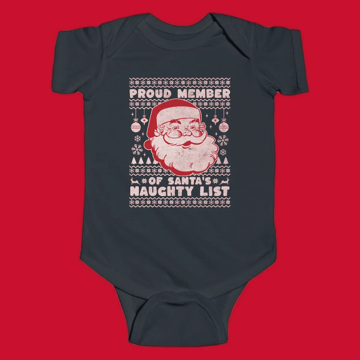 Illustration of Santa's head with text 'Proud Member Of Santa's Naughty List' and Christmas elements.