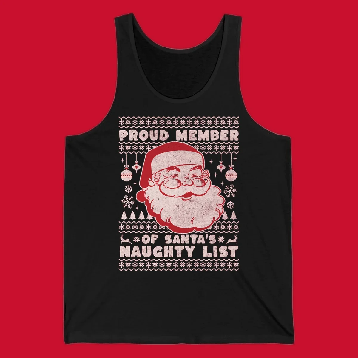 Illustration of Santa's head with text 'Proud Member Of Santa's Naughty List' and Christmas elements.
