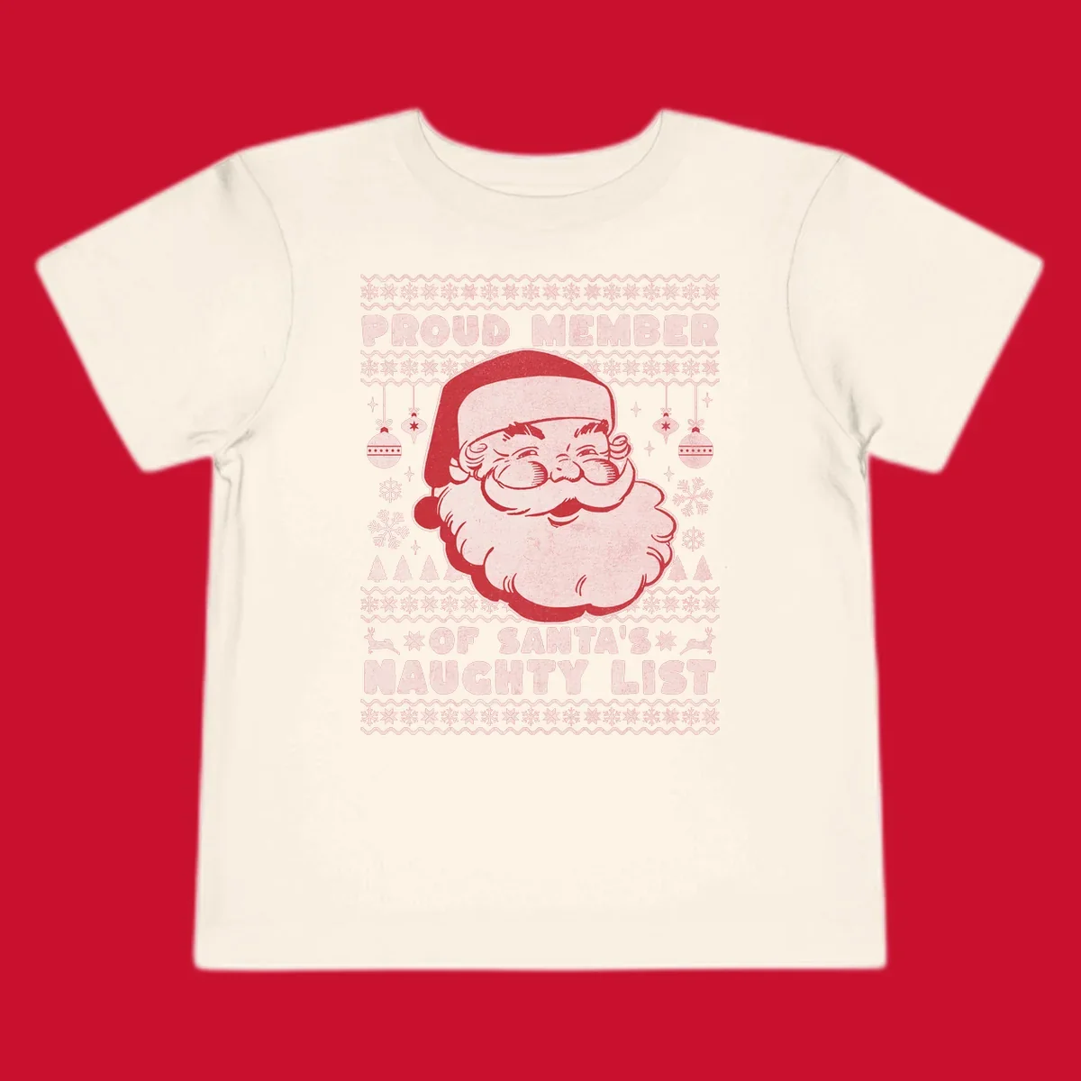 Illustration of Santa's head with text 'Proud Member Of Santa's Naughty List' and Christmas elements.