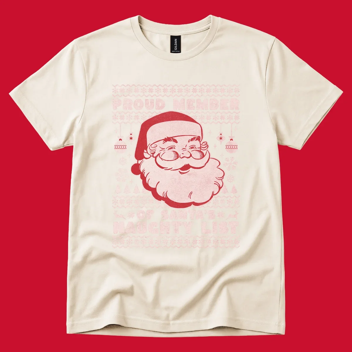 Illustration of Santa's head with text 'Proud Member Of Santa's Naughty List' and Christmas elements.