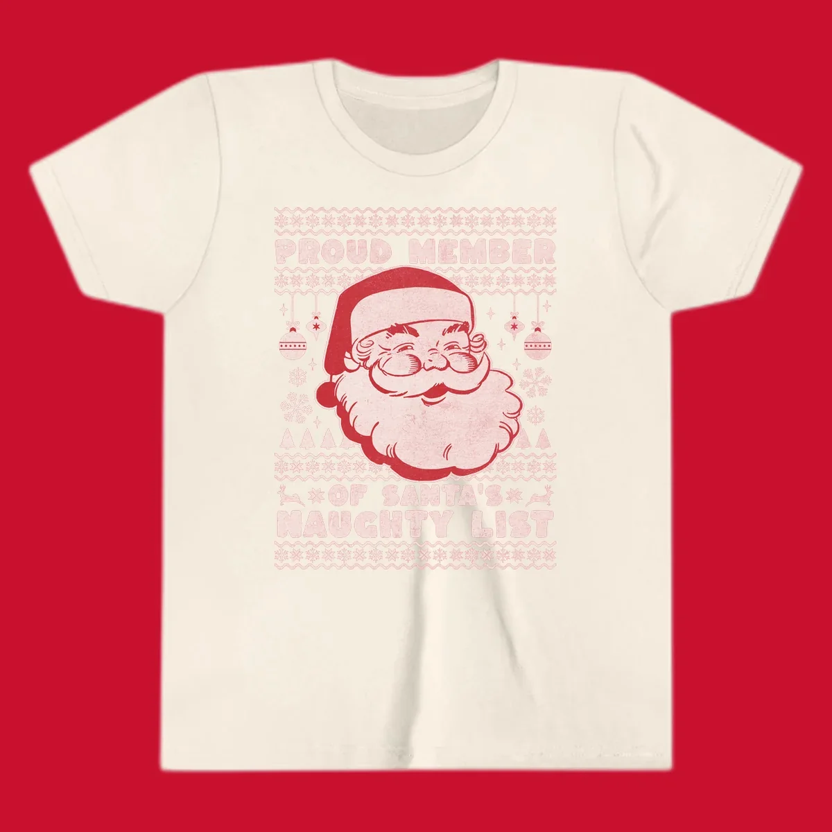 Illustration of Santa's head with text 'Proud Member Of Santa's Naughty List' and Christmas elements.