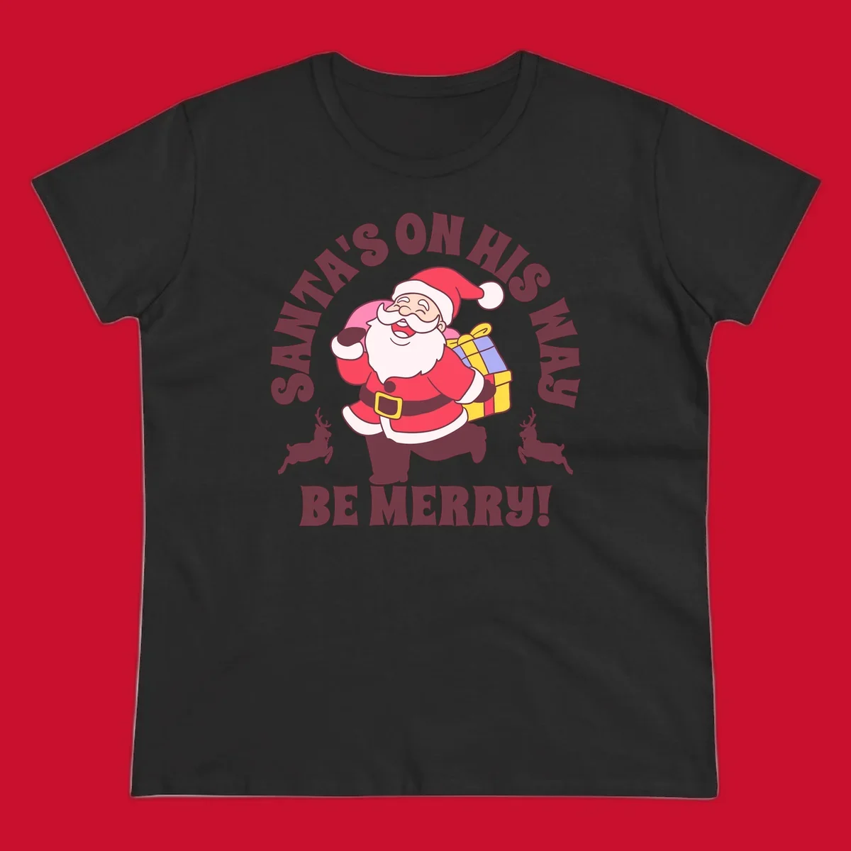 Illustration of Santa Claus running with gifts and reindeer, text reads Santa's on His Way Be Merry.