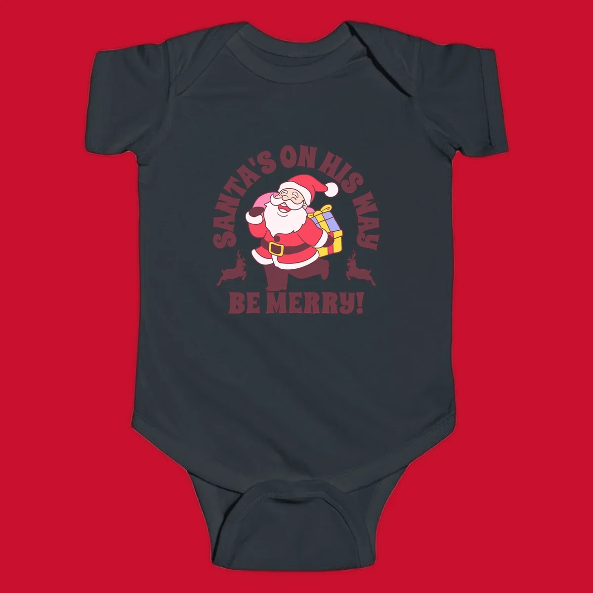 Illustration of Santa Claus running with gifts and reindeer, text reads Santa's on His Way Be Merry.