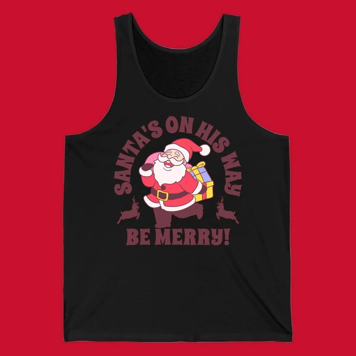 Illustration of Santa Claus running with gifts and reindeer, text reads Santa's on His Way Be Merry.