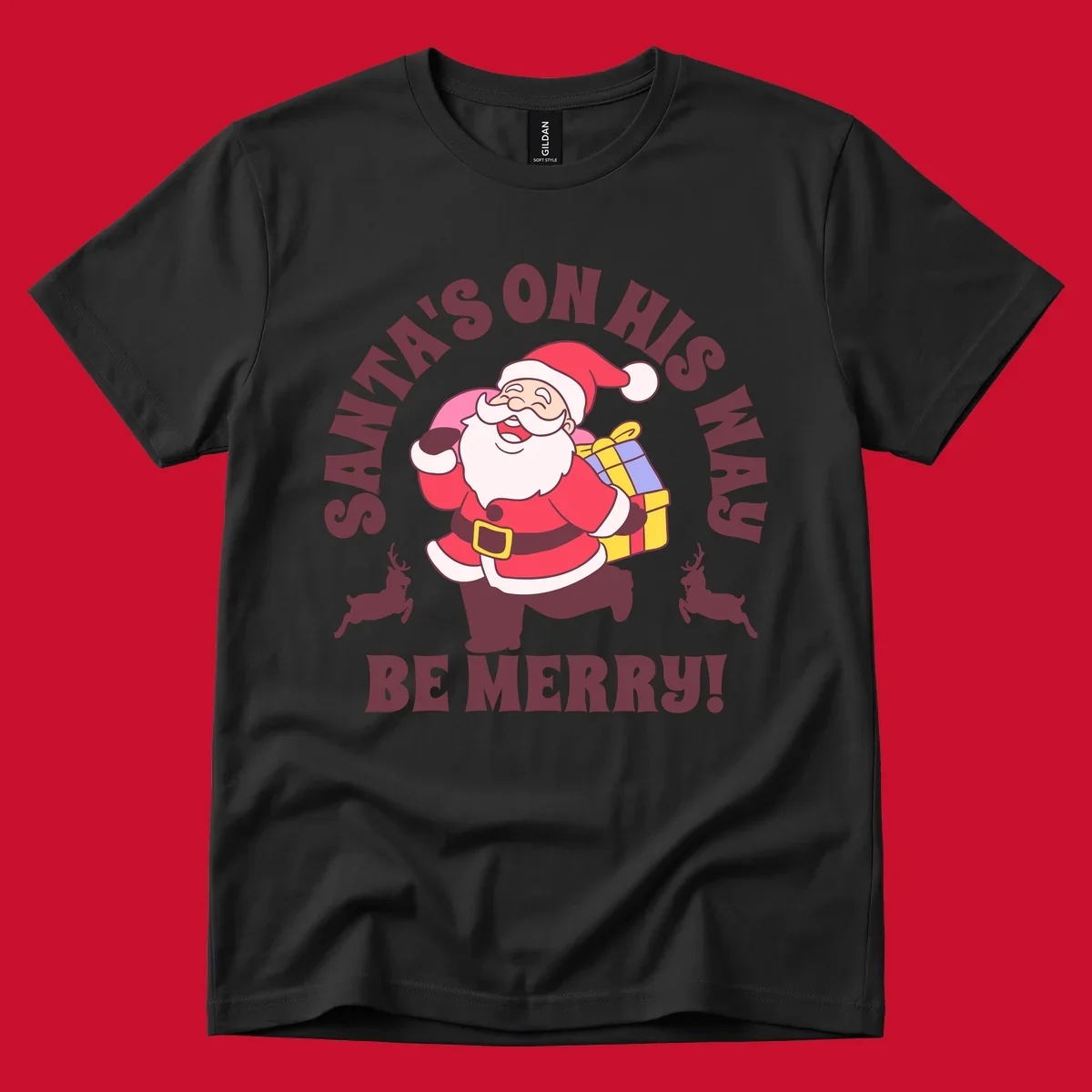Illustration of Santa Claus running with gifts and reindeer, text reads Santa's on His Way Be Merry.