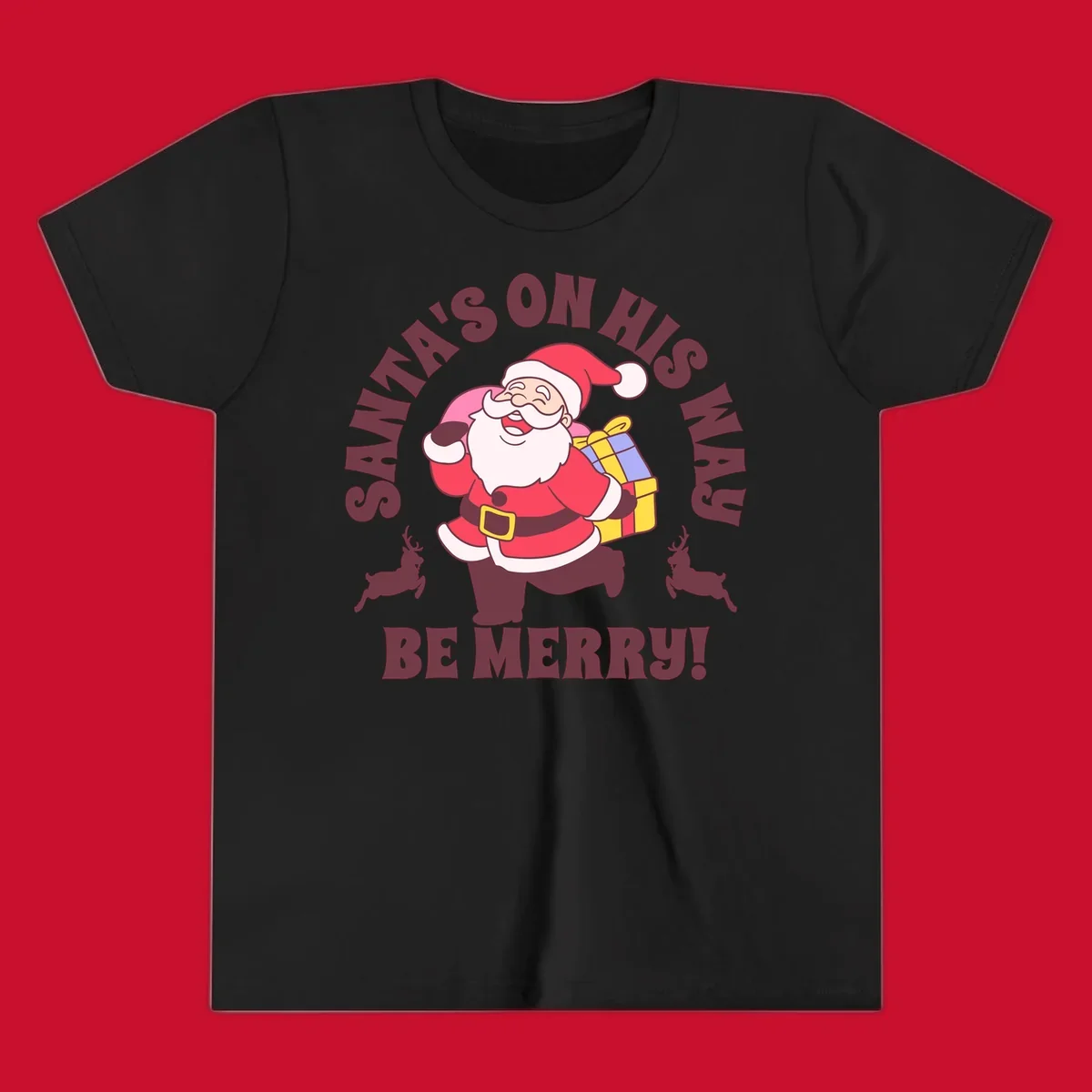 Illustration of Santa Claus running with gifts and reindeer, text reads Santa's on His Way Be Merry.
