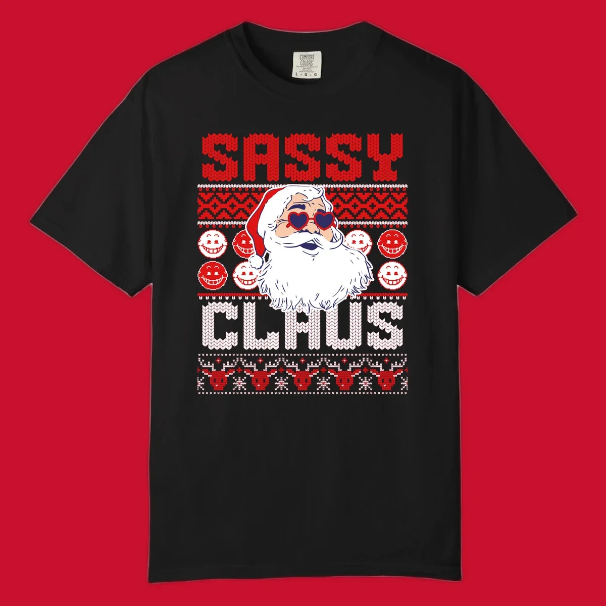 Sassy Santa Claus illustration with heart sunglasses and knitted text for a bold holiday statement.