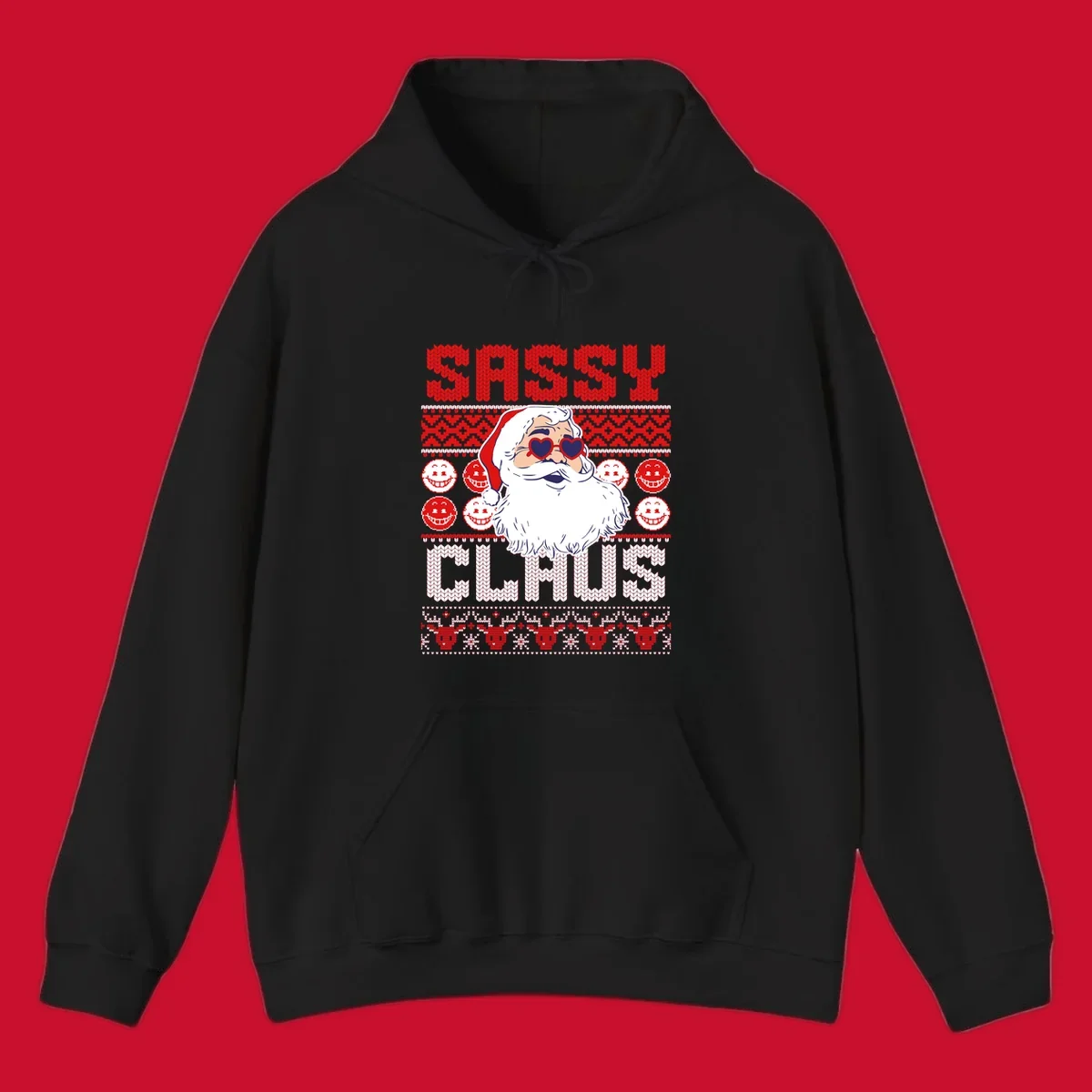 Sassy Santa Claus illustration with heart sunglasses and knitted text for a bold holiday statement.