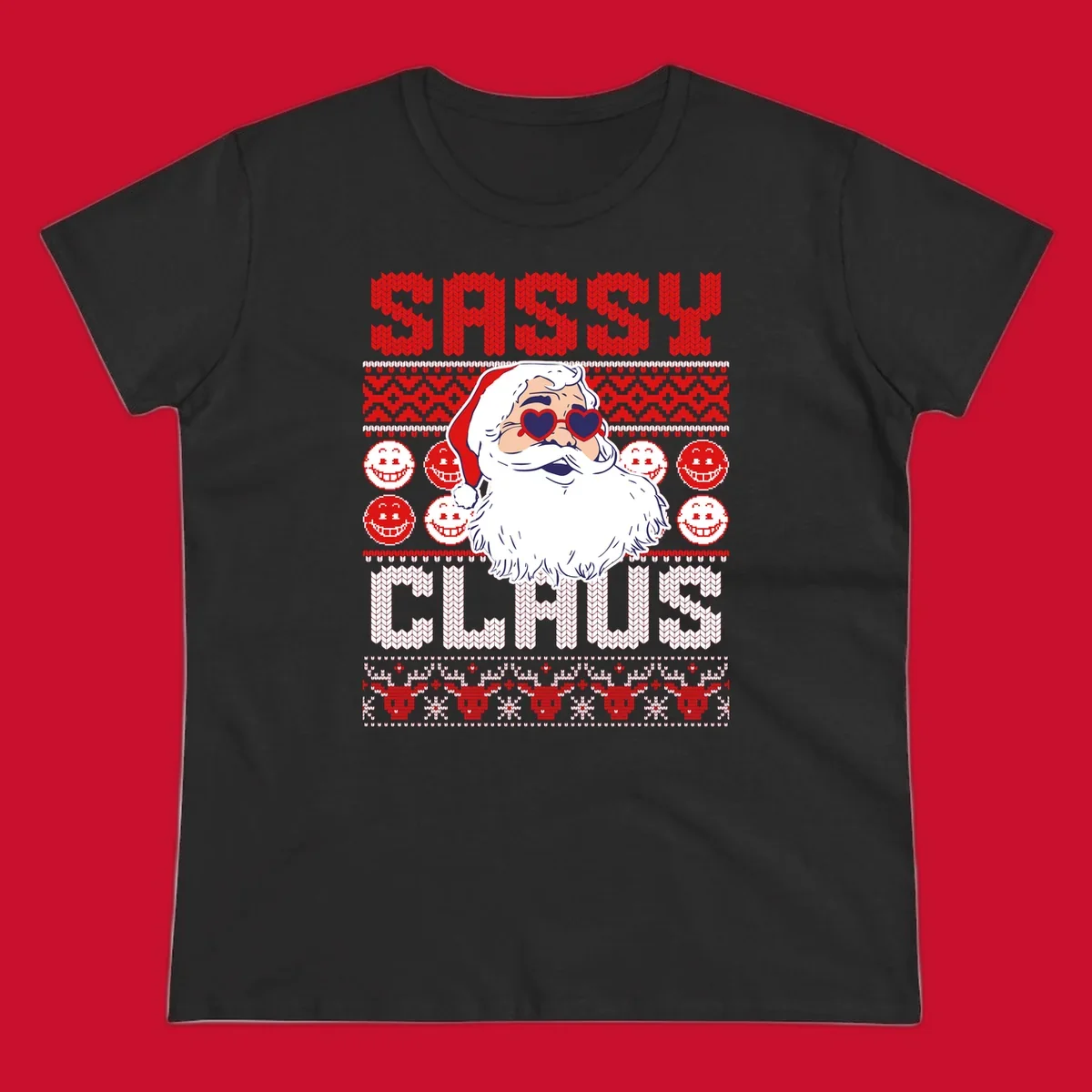 Sassy Santa Claus illustration with heart sunglasses and knitted text for a bold holiday statement.