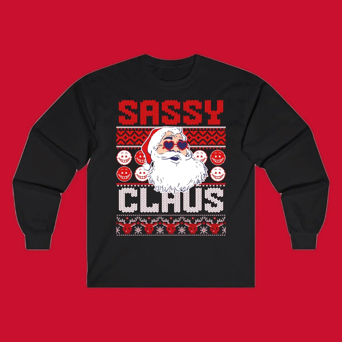 Sassy Santa Claus illustration with heart sunglasses and knitted text for a bold holiday statement.
