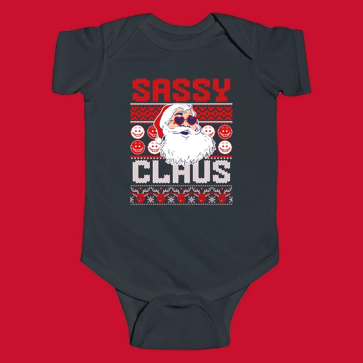 Sassy Santa Claus illustration with heart sunglasses and knitted text for a bold holiday statement.