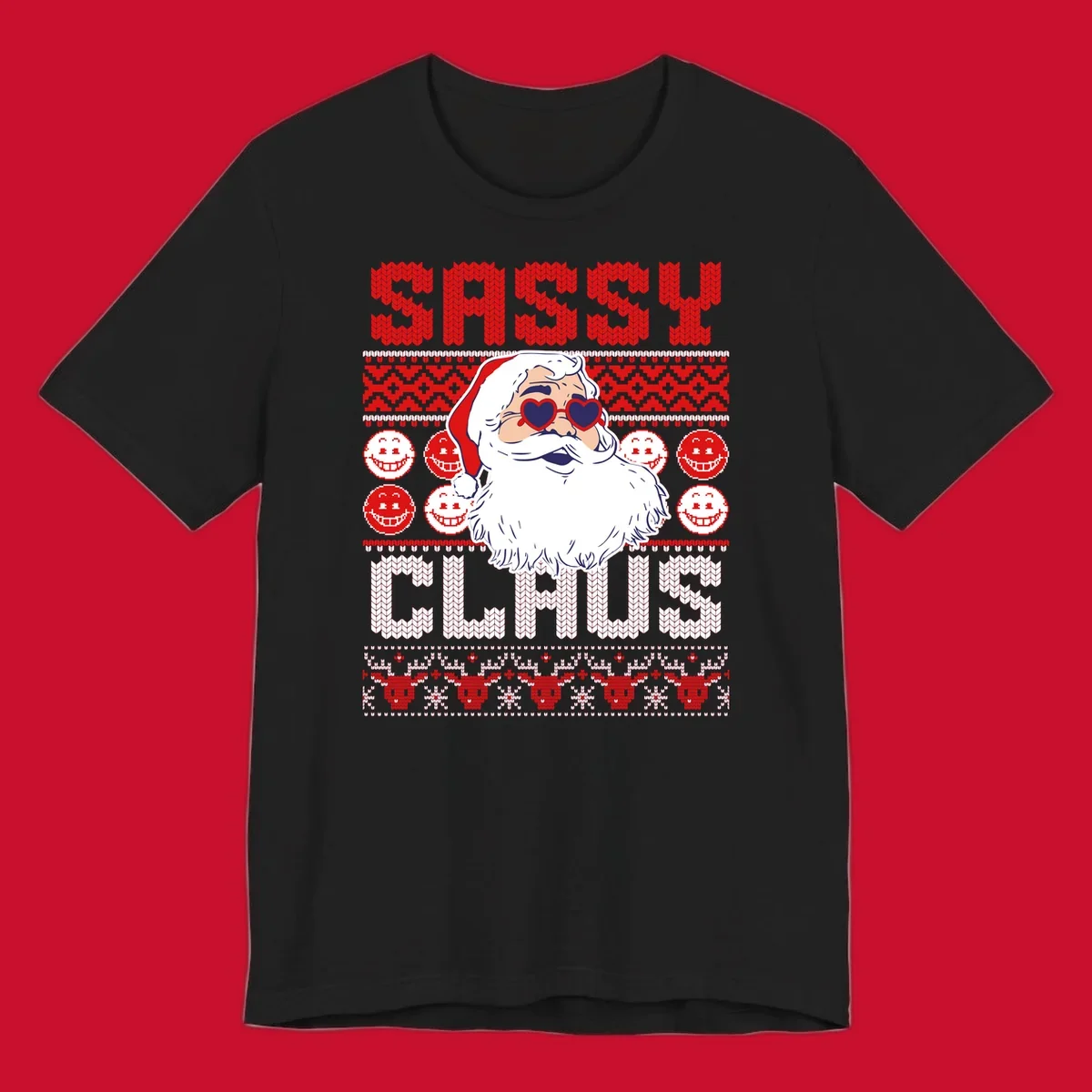 Sassy Santa Claus illustration with heart sunglasses and knitted text for a bold holiday statement.
